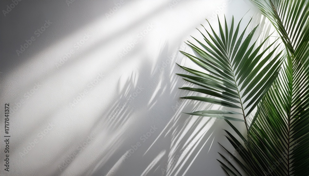 Fototapeta premium Tropical Palm Leaves Shadow On White Wall Background With Copy Space