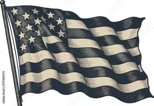 Waving american flag illustration with vintage engraving style evoking patriotism and national pride for use in historical contexts and independence day designs