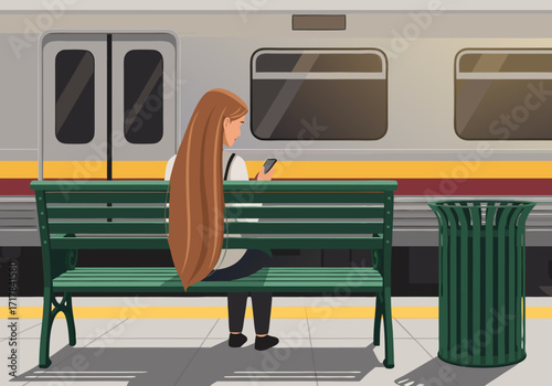 Modern commuter life A woman with long hair waiting on a platform bench with a smartphone