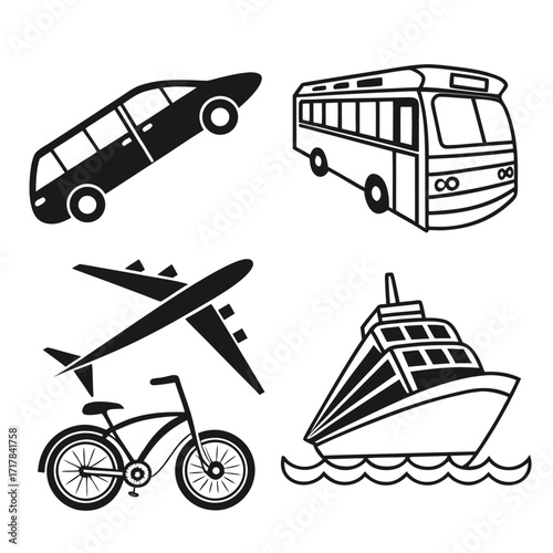 Illustration showing various modes of transportation including a car bus airplane bicycle and ship image 100 created with generated ai