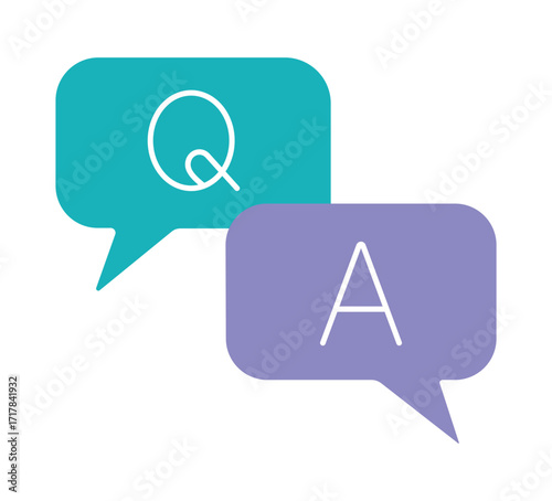 Colorful chat bubbles representing a question and answer session. Flat illustration for communication, help, and forums.
