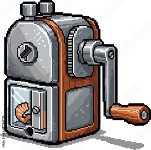 Retro pixel art illustration of a vintage manual pencil sharpener.