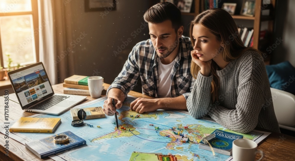 Fototapeta premium Couple Planning Travel Adventure with Map, Laptop, Compass, and Books, Warm Lighting.