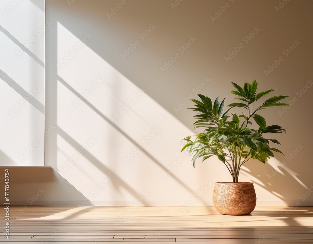 Fototapeta premium sunlit indoor space with potted plant minimalist design bright atmosphere modern aesthetic
