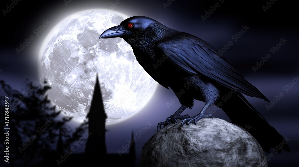 Obraz premium Raven with Red Eyes Perched on Rock Under Full Moon at Night