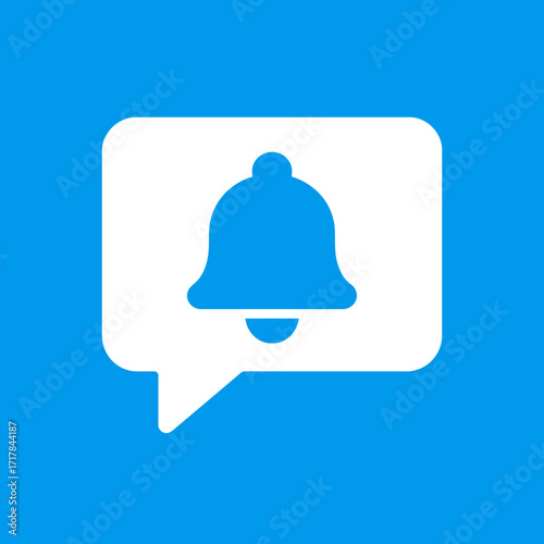 Flat white push notification bell icon within a speech bubble on a blue background, symbolizing alerts and reminders for web and mobile applications