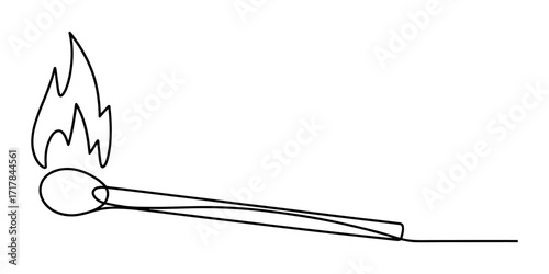 Single continuous line drawing of a burning matchstick with flame symbolizing ignition and energy vector