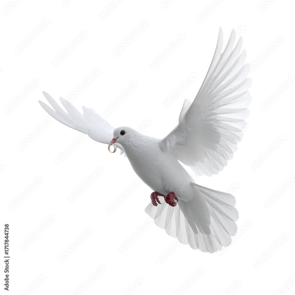 Obraz premium White Dove Flying with a Ring in its Beak bird white bird