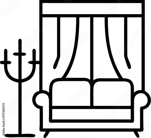 Elegant living room sofa and chandelier line art icon vector