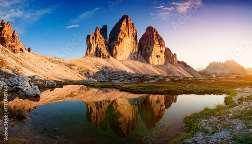 Tre Cime Di Lavaredo With Reflection In Lake At Sundown Dolomites Alps