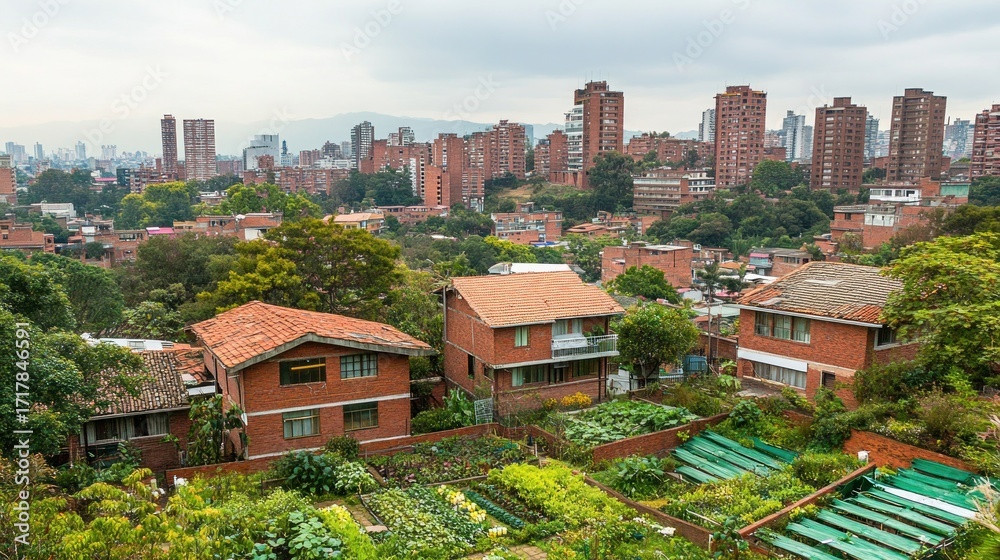 Fototapeta premium Urban landscape with lush gardens and residential buildings