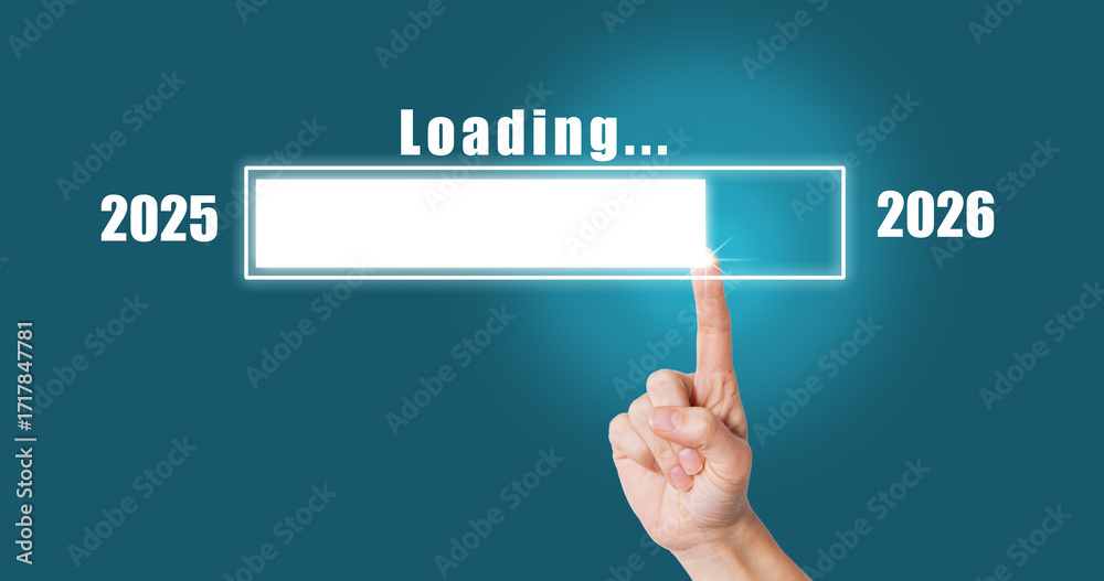 Fototapeta premium A woman's hand touches the loading indicator with her finger to countdown the time until the new year 2026. The concept of beginning, expectation of the result.