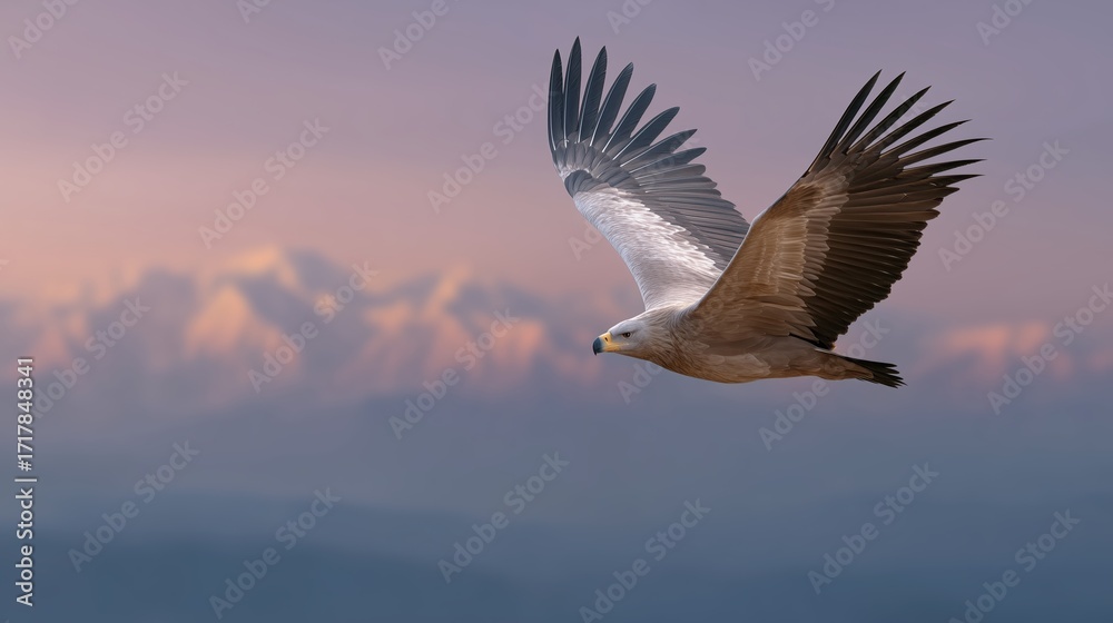 Fototapeta premium Majestic White-tailed Eagle Soaring Against a Soft Pastel Sky at Dusk, Wings Spread Wide in Flight, Symbolizing Freedom and Wildlife Conservation