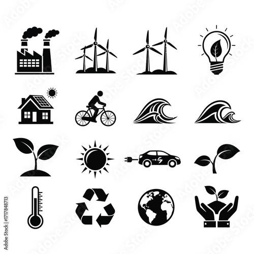Green energy and sustainable lifestyle icons set renewable resources clean power environment silhouette