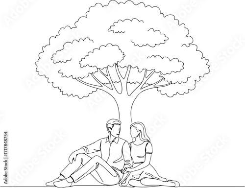 Continuous line art couple under tree holding hands