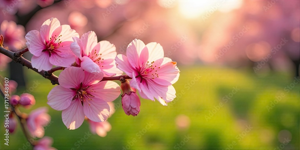 Fototapeta premium Delicate Pink Blossoms Illuminated by Warm Golden Sunlight in a Serene Spring Meadow