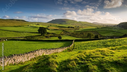 A Lush Green Irish Countryside With Rolling Hills And Stone Fences On St Patricks Day