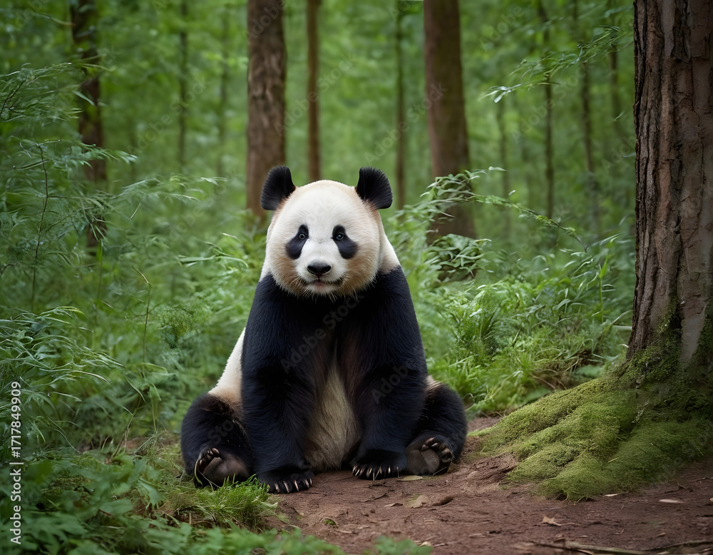 Obraz premium Giant Panda Sitting in Forest. Cute Panda in Natural Habitat. Wild Panda Resting on Mossy Ground. Endangered Panda in Bamboo Forest. Adorable Panda Sitting Peacefully in Woods
