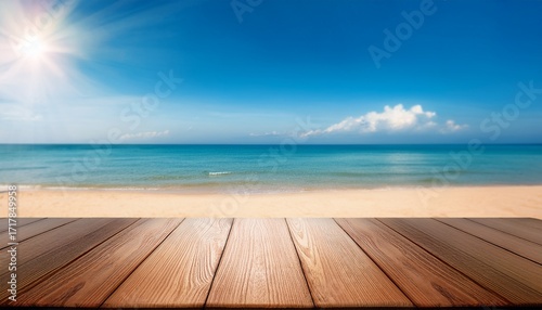 Tropical Fine Sandy Beach With Blured Sea Sun Sky Clouds Background With Wooden Table Top And Empty Space For Product Advertisement Montage Of Summer Relaxation Background