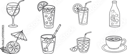Hand-drawn outline set of cocktail, juice, soda, lemonade, tea, and bottled drinks with citrus garnish. Perfect doodle icons for menus, cafes, bars, and summer party graphics. Ideal for branding,