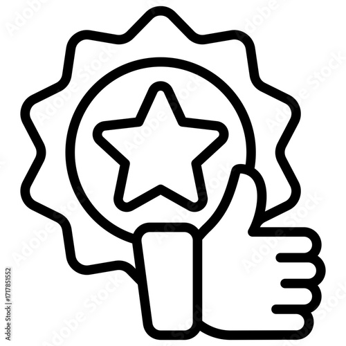Quality Approval Outline Icon Design Vector - Medal with a star and thumbs up, representing quality assurance, trust, and recognition