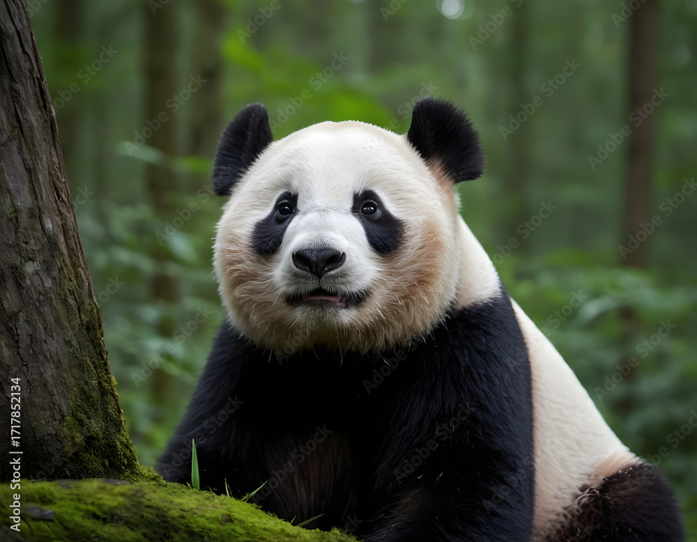 Obraz premium Giant Panda Sitting in Forest. Cute Panda in Natural Habitat. Wild Panda Resting on Mossy Ground. Endangered Panda in Bamboo Forest. Adorable Panda Sitting Peacefully in Woods