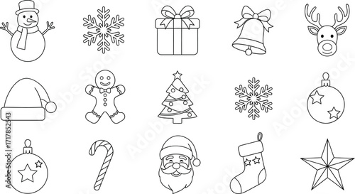 Christmas outline icons vector set for coloring book art aditable
