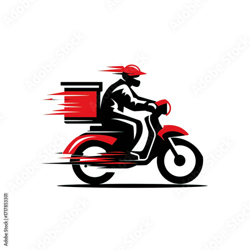 Dynamic logo design for a delivery company. Bold red and black colors, stylized motorcycle icon in motion.