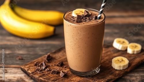 Delicious Chocolate Banana Smoothie Served On A Rustic Wooden Board, Perfect For A Tasty Snack Or Breakfast Option. Enjoy!