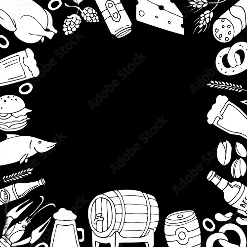 Square black and white frame with hand drawn beer, bottles, snacks and beer mugs.