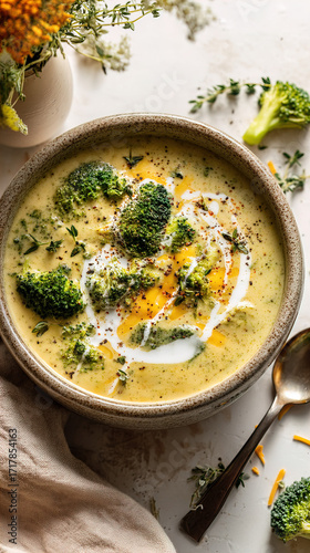 A rustic ceramic bowl filled with creamy broccoli and cheddar soup
