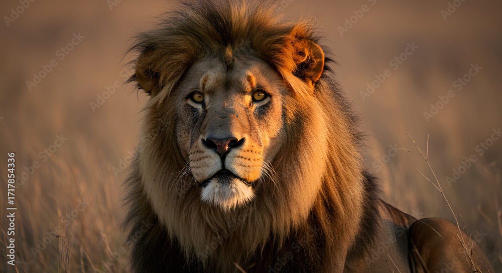 Fototapeta premium Majestic Male Lion in Golden Sunset Light with Regal Mane