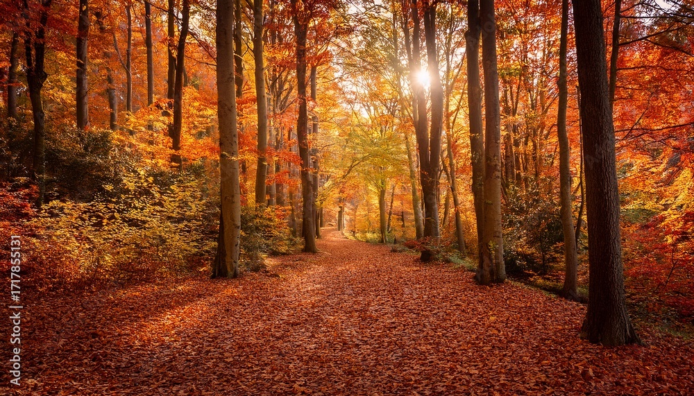 Obraz premium A Serene Autumn Forest Path Covered With Fallen Red And Orange Leaves Surrounded By Tall Trees With Vibrant Fall Foliage Under Soft Golden Light