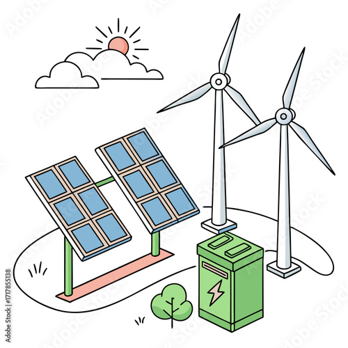 Clean renewable energy sources including solar panels wind turbines and a battery storage unit under a sunny sky