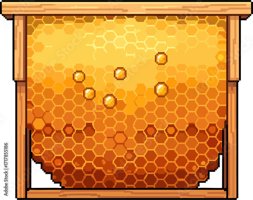 A honeycomb frame filled with golden honey, featuring hexagonal cells and a few honey droplets.