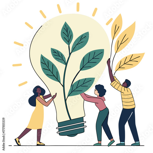 Diverse team of people working together to nurture a growing plant inside a light bulb symbolizing innovation and sustainability
