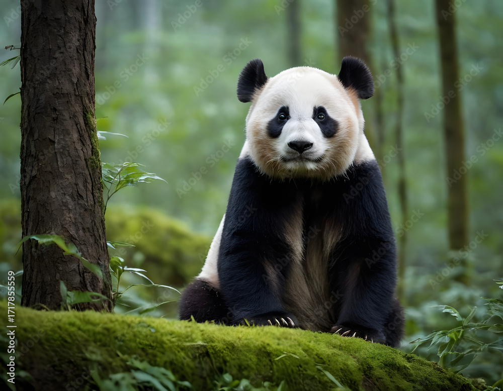 Obraz premium Giant Panda Sitting in Forest. Cute Panda in Natural Habitat. Wild Panda Resting on Mossy Ground. Endangered Panda in Bamboo Forest. Adorable Panda Sitting Peacefully in Woods