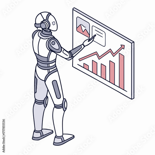 Futuristic robot analyzing financial growth charts and data on a digital screen with a stylus