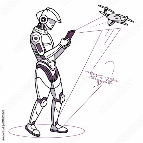 Futuristic robot controlling drones with a smartphone in a modern technological concept illustration