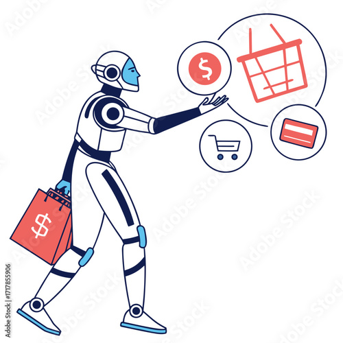 Robot carrying shopping bag with dollar sign and interacting with online shopping icons like cart and credit card