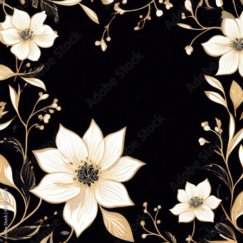 an AI Image Generator, Elegant Floral Pattern of Gold and Ivory Flowers on Black Background