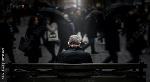 Contemplative man sitting alone on park bench amidst bustling city crowd, a moment of solitude, capturing urban life's complexities and isolation