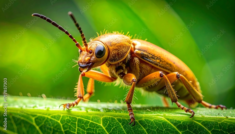 Naklejka premium Close-up of a vibrant golden beetle resting on a verdant leaf, showcasing intricate details of its texture and structure against a blurred background of lush greenery.