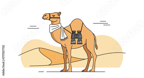Camel On An Adventure Through Desert With Binoculars, Prepared For Anything
