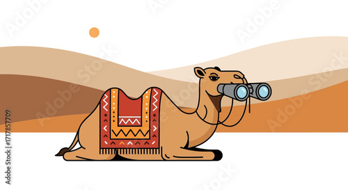 Camel with Binoculars In Desert Landscape Looking for the Horizon's View