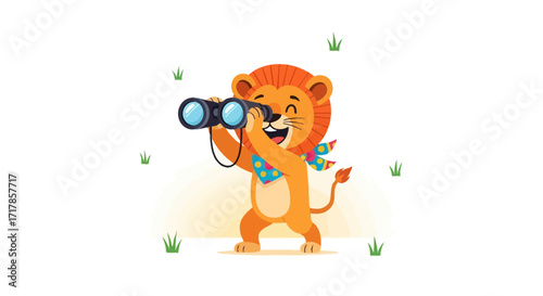 Cheerful Lion Cartoon Holding Binoculars Gazing With Joyful Expression In Nature