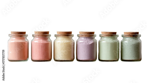 Assortment of colorful powders in small glass jars with cork lids isolated on transparent background