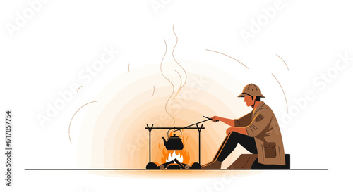 Campfire Cooking: A Man Brewing Tea Over A Campfire, Preparing For Adventure