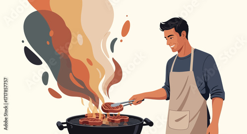 Cheerful Man Grilling Sizzling Steaks On A Barbecue For A Summer Celebration