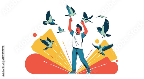 Cheerful Man Interacting With Birds Amidst An Artistic Colourful Backdrop